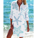 Women Printed Blouse Long Top Tunics Cardigan Half Sleeved Loose Beach Wear Swimwear Ladies Dresses Shirts Button 2023-Outfit