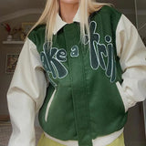 Jacket Women Green Contrast Sleeve PU Leather Coat Outerwear TAKE A TRIP Letter Applique Women Autumn Baseball