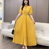 Elegant Half-High Collar Bubble Sleeve Pressure Folding Dress With Thin Temperament Female Chiffon Long