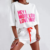 Letter Two Piece Sets Women Round Neck Tops Short Sleeve Lace Up Elastic Waist Loose Casual Shorts Pants Set Splice-Outfit
