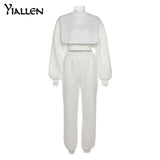 Yiallen Autumn High Quality New Warm Pullover Hoodies and Trousers Two Piece Set For Women Streetwear Simple Solid Slim