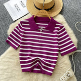 Knitted Women 2025 Summer South Korea Ins New Trendy Sleek Striped T-Shirt Women's