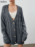 2021 V Neck Oversize Cardigan Women's Sweater Autumn Winter Knitted Long Sleeve Heart Button Loose Casual Jumper