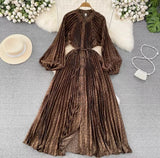 Quality Light Extravagant Lantern Long Sleeved Round Collar Waist Slim Single Breasted Printed Dress Elegant Long Skirt-Outfit
