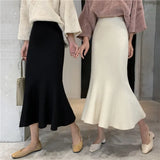 Spring Knitted Mermaid Sweater Skirt Elastic High Waist Women Midi Skirt Solid Ruffle Party Skirts