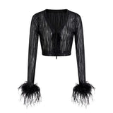 Sexy Patchwork Feathers Shirt For Women V Neck Long Sleeve Solid Minimalist Blouses Female Fashion Summer