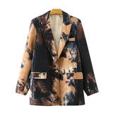 Women Fashion Single Button Graffiti Print Blazer Coat Vintage Long Sleeve Pockets Female Outerwear Chic
