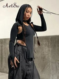 Irregular Hollow Out Bandage Sexy Woman Tshirt Solid Black Goth Techwear Slim Long Sleeve Cropped Hooded Sweat