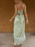 New Women's Lysau Irregular Slings Solid-Colored Dress Bareback Tie Low Breast