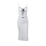 Women’s Elegant 2 Piece Summer Vintage Outfits Sleeveless Dots Print V-Neck Cami Tops + Low Waist Bow Long Skirt Set-Outfit