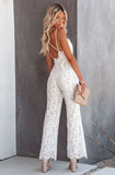 White Elegant V-neck Sleeveless Solid Lace Backless Full Length Regular Straps Rompers 319-1-Outfit