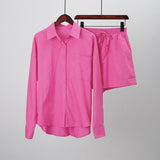 Women Tracksuit Shirt Shorts Two Piece Set Solid Long Sleeve Top Mini Shorts Suit Female 2022 Summer Lady Casual