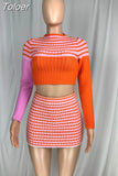 Stripe Knitted Printed Long Sleeve Crop Top and Mini Skirts Two Piece Set Women Dress Sets Spring 2023 Sexy