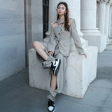 Casual Two Piece Set Women Notched Cut Out Long Sleeve Coat High Waist Korean Fashion Pants Women's Suit 2021