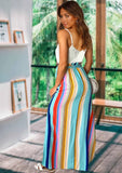 Printed Sweet V-neck Sleeveless Stripe Belted Maxi