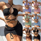 Toloer New Sexy Tie-Up Three-Piece Bikini Solid Color Multi-Color Swimsuit