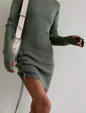 Grey Rib High Neck Long Sleeve Tied Rope