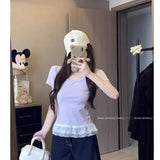 Lace Spliced Under Hem Short Sleeve Lace T-Shirt Summer New Slim White Collar Showing Thin Bottom