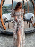 Square Collar Flower Print Front Hem Slit Swing Midi Big Backless Dress Woman Elastic Puff Sleeve Holiday Robe-Outfit