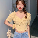 Women Summer Purple Solid V-neck Ruched Design Crop Top Elegant Korean Style Chic Female Sexy Cute Daily Trendy