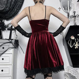 Halloween Dark Suede Tie Waist Dress Sexy Lace Suspender Skirt Woman-Outfit
