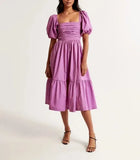 Elegant Plus Size V-neck Puff Sleeve Ruffled Midi