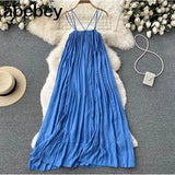 Summer Backless Strap Beach Dress Women Strapless Streetwear Holiday Pleated Sundress Ladies Fashion Sexy Midi Long
