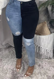 Sexy Blue and Black Contrast Ripped High Waist