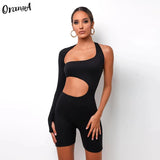 women fashion side hollow out rompers sexy stretchy off shoulder backless biker shorts playsuits casual elastic