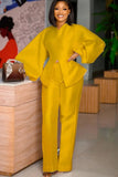 Formal Puff Sleeve Peplum Top and High Waist Pants Set 703-1-Outfit
