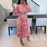 Fashion Pearl Belt Print Folded Lantern Sleeve Sleeve Scash Semi-High Collar