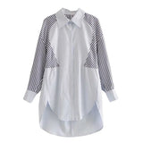 Women Fashion Striped Patchwork Loose Asymmetry Blouses Vintage Long Sleeve Button-up Female Shirts Chic