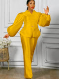 Formal Puff Sleeve Peplum Top and High Waist Pants Set 703-1-Outfit