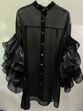 Casual Ruffle Trim Shirt For Women Stand Collar Flare Sleeve Solid Button Through Blouse Female Fashion Clothes