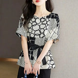 Women's Elegant Urban Commuting Office Lady Loose Chiffon Shirt Bat Sleeve Waist Thin Small Black Stitched Printed Top-Outfit