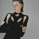 Women Mini Dresses Dark Punk Y2k Bodycon Long Sleeve Summer Dress Goth Cyber Gothic Black Sexy Hollow Out Clubwear-Outfit