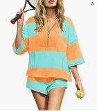 Spring And Summer New Women's Striped Half-Sleeved Oversized Shorts Casual Sportswear Two