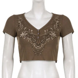 Y2K Summer Tops Floral Print Cute Woman Tshirts Aesthetic Vintage Button Up Ribbed Crop Short Sleeve V Neck Grunge
