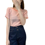 Summer Round Collar Thin Striped Ice Knitted Jersey Short-Sleeved T-Shirt Blouse