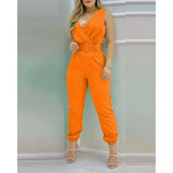 Fashion Sleeveless Playsuits With Belt 2024 Spring/Summer New V-neck Backless Printed High Waist Jumpsuit For