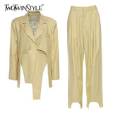 Patchwork Casual Two Piece Set For Women Lapel Collar Long Sleeve Coats High Waist Straight Pants Solid Sets
