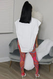 Sexy Turn-down Collar Sleeveless Solid Open Side Loose Shirt and Print Skinny Pants