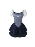 Sweet Dress Women Vintage Patchwork Party Mini Dresses Female Korean Fashion Holiday Square Collar Casual Dress