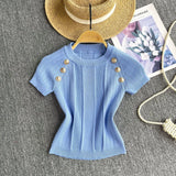 Girls Knit Round Collar T-Shirt Girls Summer Thin Short Thin Design Feeling Fried Street Pure Desire