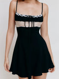 Women Summer Casual Mini Dress Lace Patchwork Sleeveless Spaghetti Strap Dress Backless Ruched Party Female Vestidos-Outfit