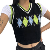 Argyle Plaid Y2k Tank Top Women Fashion Knitted Sweater Undershirt 90S Knitwear Autumn Basic