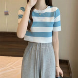 Classic Bump Striped Short-Sleeved Ice Silk Knitted Women's Summer T-Shirt Short Repair Small Shirt