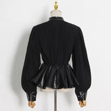 Black Pu Leather Blouse Ruffle High Waist Patchwork Knitted Lantern Sleeves Streetwear Blouses 2021 Fashion