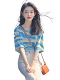 Toloer Korean Chic Oceanous Special To Beautiful Blouse Loose And Thin Blue Striped