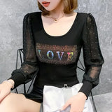Women's Clothing Letter Printed Slim Blouse Spring Autumn Casual Long Sleeve O-Neck Commute Fashion Gauze Spliced Diamonds Shirt-Outfit